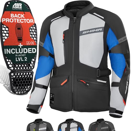 SHIMA ALPHA Motorrad Jacke Herren mit Protektoren AIRFORCE Rückenprotektor Schutzjacken Schulter Protektor Ellbogen Textiljacke Wasserdicht Protektorenjacke Motorradkombi (Männer, Blau, L)
