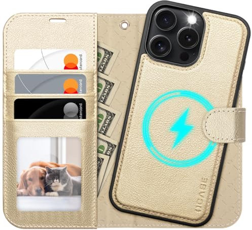 OCASE iPhone 16 Pro Hülle(2in1) Leder Stoßfestes Case, Abnehmbare magnetische Hülle, MitHandschlaufe, Kabelloses Laden, Kartenfach, Standfunktion, Handyhülle RFID Schutzhülle Klapphülle Golden