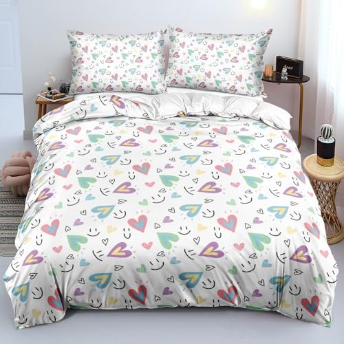 Luowei Bettwäsche 220x240 Mädchen Weiß mit Bunt Herzen Kinder Bettwäsche Herzen Weich Kuschelig Microfaser Bettbezug Set 3 Teilig für Mädchen Geschenk mit Reißverschluss und 2 Kissenbezüge 80x80 cm