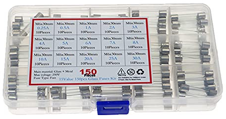 CHULKJFX Fusible 150 pièces/boîte 6x30mm fusible en Verre à soufflage Rapide Kit Assorti 0.25A 0.5A 1A 2A 3A 4A 5A 6A 7A 8A 10A 15A 20A 25A 30A