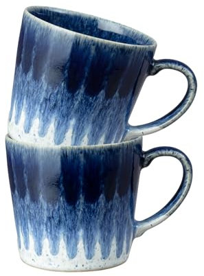 Denby - Studio Blue Accent Mugs 2 Piece Set- 400ml Capacity - Dishwasher & Microwave Safe Crockery - Hand-Crafted Ridge - Unique Glaze Effect - Ceramic Stoneware - Chip & Crack Resistant - L13xW9.5xH9
