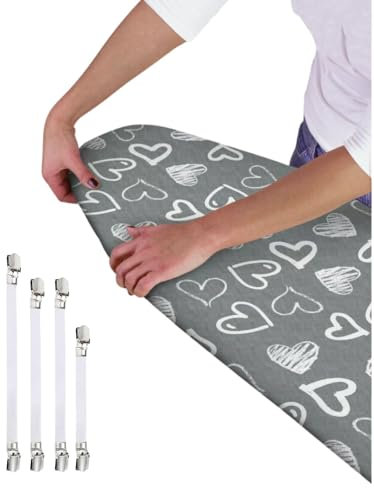 Ironing Board Cover - Universal Fit - 120 x 40cm + 4 pack Ironing Board Fitting Clips (Grey Hearts)
