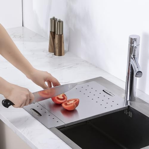Over The Sink Cutting Board，Expandable Cutting Board Over Sink, Stainless Steel，with Drain Holes, Kitchen Sink Cutting Board，15.75 x 12.8 x 0.47