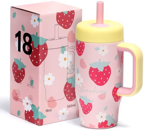 pluseight Stainless Steel Cups Spill Proof, 540ml/18oz Water Bottle with Twist Lids & Silicone Straw, Reusable Double Walled Water Bottle, Easy to Clean(Strawberry, 540ml)