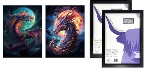 Artery8 Dragon Wall Art - Set of 2 A4 Sized Art with Black Frames - Moon Fantasy Mystical Serpent