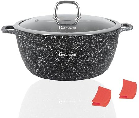 GOLDMANN 32 CM Aluguss-Kochtopf/Suppentopf mit Silikongriff, 10 Liter, Marmor-Keramik-Antihaftbeschichtung & Glasdeckel