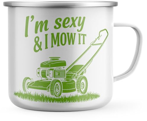 Purple Print House Funny Gardening Enamel Mug I'm Sexy & I Mow It Metal Cup for Gardeners Lawn Mower Joke Gift Fathers Day Birthay Present