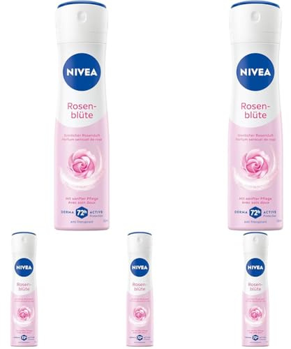NIVEA Rosenblüte Deo Spray, Anti-Transpirant schützt 72h vor Schweiß und Körpergeruch, Deodorant mit sinnlichem Rosenblüten-Duft (150 ml) (Packung mit 5)