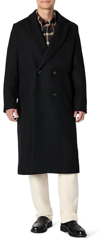 Amazon Essentials Manteau Long Croisé Coupe Décontractée en Mélange Laine Homme, Noir, L