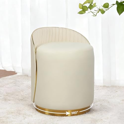 Runder Schminkhocker mit Rückenlehne, Drehhocker Hocker Schminktisch Stuhl, Schminkstuhl Gepolsterter Ottoman aus Faux Leather, Sitzhocker für Ankleidezimmer Schlafzimmer, 38x38x43cm (Beige)