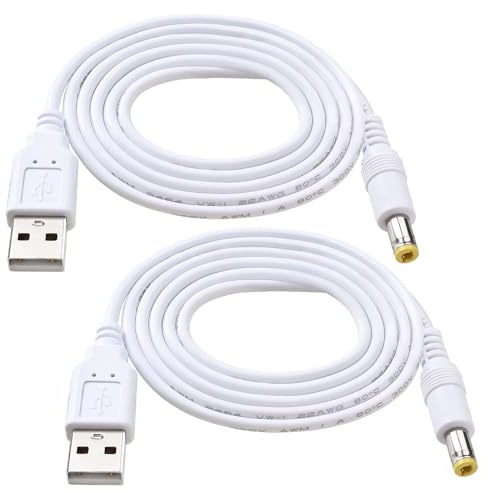 KUOQIY 2 Pièces 1m 22AWG Cable USB vers DC 5V, USB vers 5.5x2.5 mm DC Barrel Jack Adaptateur D'alimentation, pour Bandes Lumineuses LED, Petites Lampes de Bureau, Petits Ventilateurs, Blanc