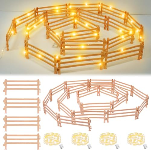 Leonshco 40 Stück Pferdezaun, Pferd Corral Fechten Zubehör, Mini Spielzeug Zaun, Miniatur-Koppel Spielzeug mit 4 LED-Lichterketten, DIY-Bauernhofszene, Micro Landschaft Deko, Pädagogische Geschenk