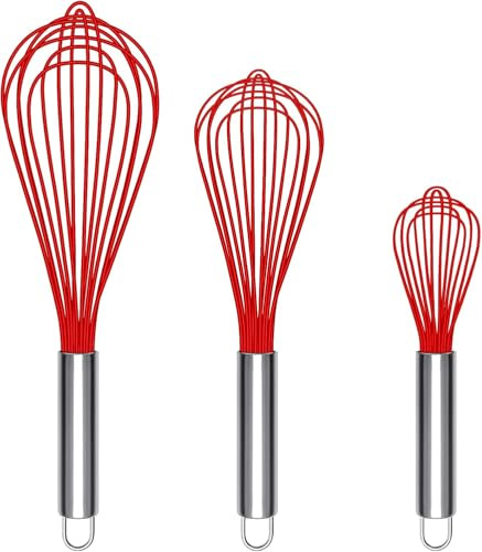 Set of 3 Stainless Steel 8+10+12, Kitchen Balloon Hand Stainless Set for Blending Whisking Beating Stirring (3 Pack Red)