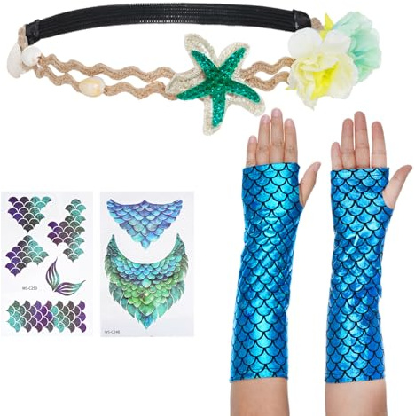 Meerjungfrau Accessoires Damen, Meerjungfrau Haarreif Handschuhe Halskette mit Seestern Ohrringe Gesicht Aufkleber für Meerjungfrauen Karneval Party Cosplay Accessories (Blau&B)