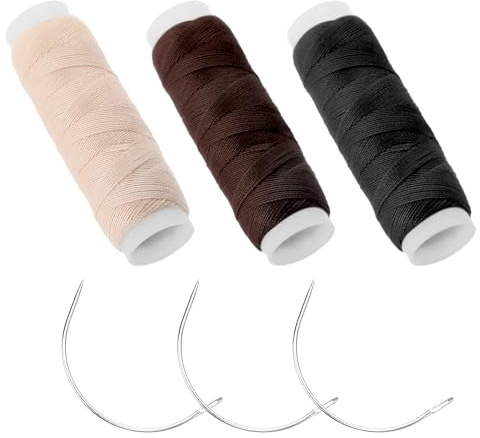 Nadel und Fadenset für Haarwebnadeln, 3Rollen Professionelle Haarverlängerungswerkzeuge Fadenset zur Herstellung von Perücken C J Form Gebogene I-Nadeln Nähen für Haare Handnähen Haarverlängerung