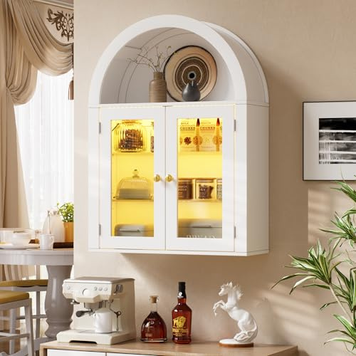 Elancee Pensile Bagno Sospeso con Luci LED, Vetrina Sospesa in Vetro 95 cm,Pensile da Cucina a Parete 2 Ripiani e 2 Anta Armadio da Cucina,Bianco