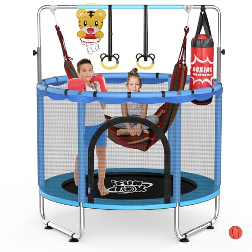 FUNTOK 140cm Toddler Trampoline with Safety Enclosure Net, 200kg Indoor Outdoor Mini Trampoline for Children, 3-Level Adjustable Handlebar, Basketball Hoop & Swing Set, Present for Birthday