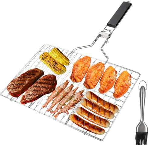 Panier à Rôtir à Poisson, grille de 34 x 32 cm avec brosse en silicone, pince à poisson pliable,Panier de barbecue avec poignée amovible Pour le camping et les grillades poissons légumes crevettes