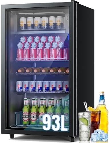 JUMMICO Getränkekühlschrank, 93L Kühlschrank klein mit blaue LED Beleuchtung, Bierkühlschrank mit Vollglas-Designtür, mit 4 Ablagen & Flaschenhalterung für Soda/Bier/Wine