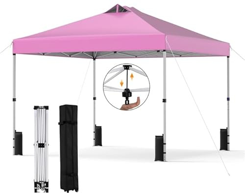 GOPLUS Pavillon 3 x 3m, Gartenpavillon mit EIN-Knopf-System, silberbeschichtetem Dach, strapazierfähigem Rahmen, Sandsäcken, Heringen und Seilen, tragbares Partyzelt für Picknicks, Partys (Rosa)