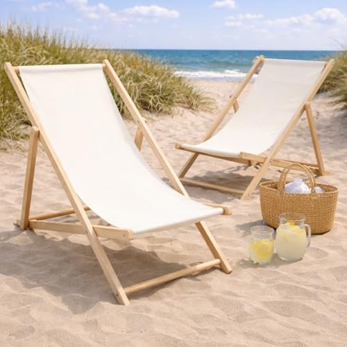 HAGO24 Strandliege Beige 2er Set Sonnenliege Gartenliege Liegestuhl Klappstuhl Holz Kiefernholz Polyester 3fach verstellbar faltbar Balkon Terrasse 120kg