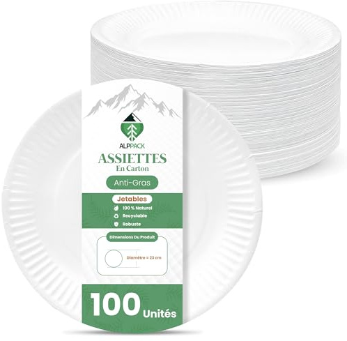 Assiette jetable en carton blanc – 100 pcs Ø 23 cm, assiettes plates résistantes pour repas et buffet, vaisselle jetable pour décoration anniversaire, pique-nique, barbecue