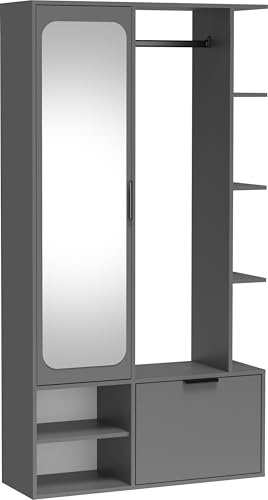WFL GROUP Garderobe mit Spiegel, Kleiderstange und Ablagen – Flurgarderobe 100 cm für Flur und Eingangsbereich – Universell Montierbar, Links/Rechts – Grau