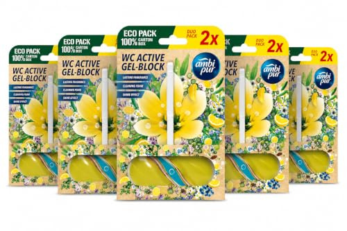 Ambi Pur WC Active Gel Block Citrus & Jazmín Pack de 5 Duplos | Colgador WC con Fragancia Duradera, Espuma Limpiadora y Efecto Brillo | 10 Bloques de Gel para Inodoro