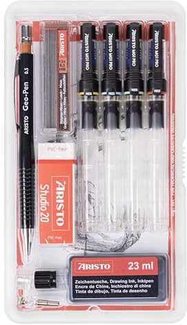 Aristo AR64152 mg1 Pro Tuschefüller Studio Set 9-teilig (4 Tuschefüller mg1 Pro, Strichstärken 0,25/0,35/0,5/0,7 mm, Feinminenstift 0,5 mm, Ersatzminen, Zirkeladapter, Radierer, Tusche schwarz)