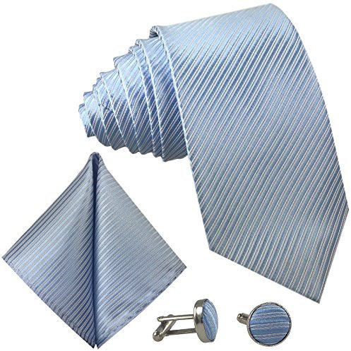 GASSANI 3-SET Blaue Krawatte Streifen gestreift | Binder Hell-Blau Manschettenknöpfe Einstecktuch | Krawattenset zum Anzug Seide-Optik
