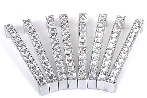 Reelva Pack of 8 Europe Style Square Clear Crystal Rhinestone Furniture Door Wardrobe Cupboard Cabinet Drawer Pull Handle Knobs 128mm
