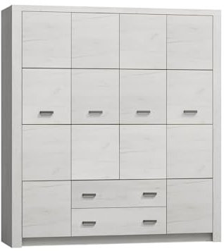 Mirjan24 Drehtürenschrank Indiano I-18, Kleiderschrank mit 2 Schubladen und 3 Kleiderstangen, Elegantes Schlafzimmer Schrank (Kraft Weiss)