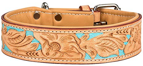 MICHUR Mariano Hundehalsband Leder, Lederhalsband Hund, Halsband, Beige Blau Braun, Leder, mit gestanzten blumigen Mustern, Halsumfang 24-28,5cm / Gesamtlänge 32cm