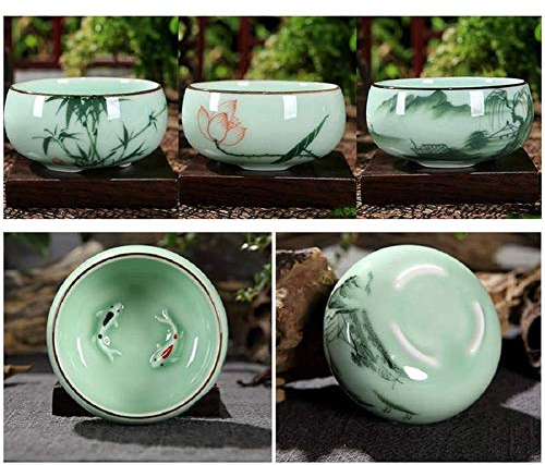 Hotumn Céladon Tasse de thé en porcelaine chinois Kungfu Tasse de thé à la carpe Motif Lot de 3 2018 NEUF 3 pack Vert