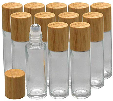 JAWSEU Lot de 12 bouteilles en verre transparent de 10 ml vides avec couvercle en bambou - Bouteilles en verre rechargeables pour huile essentielle, parfum avec boule à rouleau pour cosmétiques de