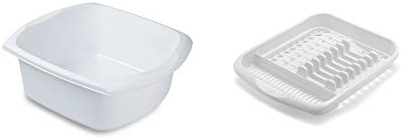 Set of 2 Plastic Large Dish Drainer Plate Rack and 9.5L Rectangular Bowl (White)