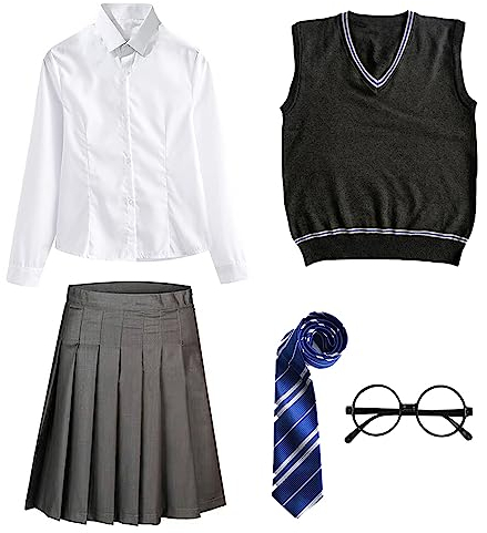 FStory&Winyee Zauberer Set Bluse Rock Weste Krawatte Brille Kostüm Zubehör für Kinder Erwachsene Zubehör Set Striped Tie Gestreifte Krawatte zum Karneval Fasching Halloween,2 Weiblich-blau,145