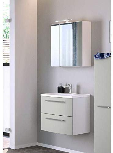 Lomadox Badmöbel Waschtisch mit Unterschrank Set 60cm in Matt hellgrau, weiß, mit LED-Spiegelschrank, B/H/T ca. 60/200/48 cm
