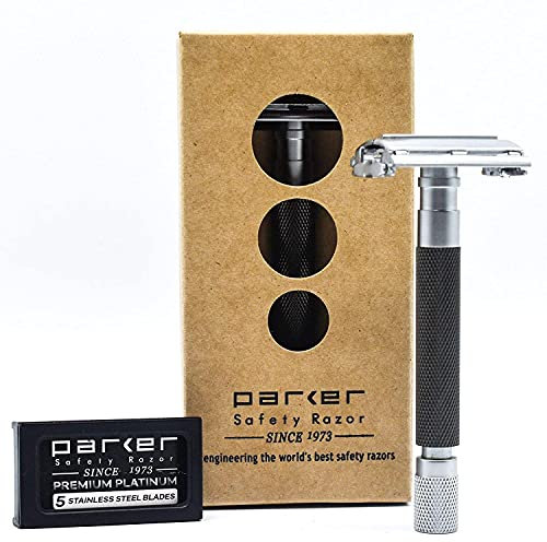 Parker Safety Razor, Parker 74R Graphitgrau – langer Griff schwerer Schmetterling offener Doppelrand Sicherheitsrasierer für Herren & 5 Doppelkante Rasierklingen