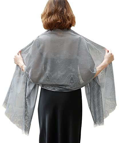 RIIQIICHY Stola Für Abendkleid Schal Stola Damen Festlich Umschlagtuch Umhang Grau Spitzenschal Mit Fransen für Hochzeit Party Braut