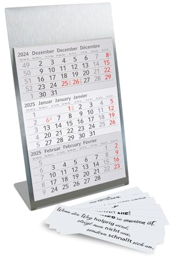 Tischkalender zum Aufstellen aus Edelstahl I Mindset I für 2 Jahre 2025/2026 I 3-Monats-Kalender Block Magnet I mehrsprachig D/GB/F I Silber matt klein I tr086