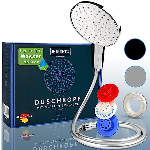 BORBETO® Duschkopf Relaxx7 Chrom Weiß – Inklusive glattem [1,5m] Schlauch – Sieben [7] Wohlfühlprogramme – [150mm] Regendusche – EasyClean+ Düsen im Brausekopf – Wassersparende Duschbrause