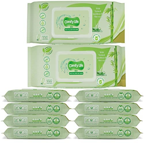 Comfy Life Biodegradable Adult Full Body Wet Wipes Large Luxury Eco-Friendly Fresh-Feel Rinse-Free Fragrance-Free Bed Bath Intimate-Care Soft Sheets (10 Packs (400 Wipes))