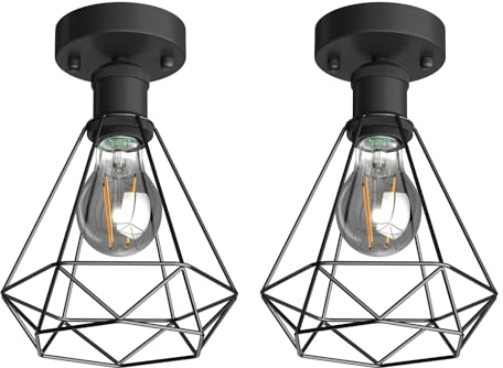 ledscom.de 2 Stück Vintage Deckenleuchte RETRA, schwarz, Käfig-Schirm + LED Lampe 370lm, extra-warmweiß
