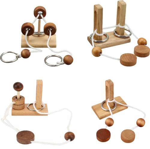 Brain Teaser Puzzle Wooden Threading Rope Loop Puzzle Luban Lock Brain Teaser Game Adult Kids Toy Puzzles for Adults (4)