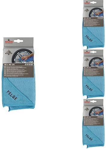 NIGRIN Mikrofaser-Tuch Felge, streifenfreie Reinigung der Felge, löst effizient Schmutz, besonders saugstark und garantiert fusselfrei, Auto Microfasertuch Autopflege, 40x40 cm, 4er Packung