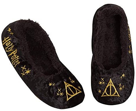 Harry Potter Hausschuhe für Damen und Mädchen, die Heiligtümer des Todes zum Reinschlüpfen, Ballettpumpen, Slipper-Socken, Schwarz , 39 EU