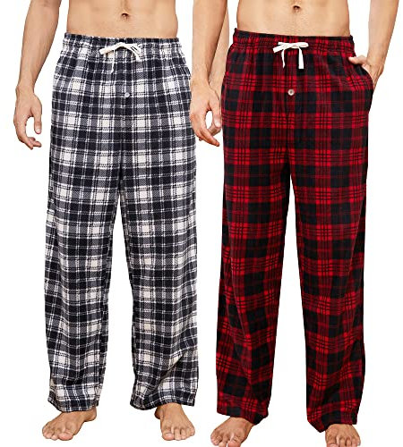 U2SKIIN Pyjamahose Herren lang kariert Schlafhose Schlafanzughosen für Herren Fleece Pyjama Hosen Nachtwäsche Freizeithose mit Taschen (Rot Schwarz Kariert+ Weiß Schwarz Kariert, XL)