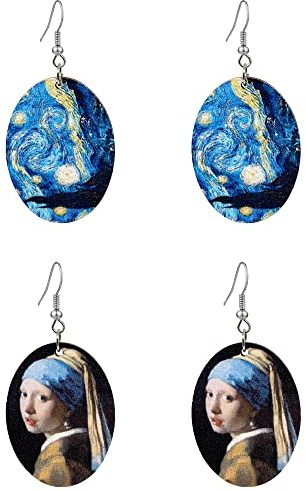 QUPENGXU 2 Paar NoveltyStarry Night abstrakte Van Gogh Wassertropfenform Ohrringe Niedlich Mädchen Himmel Ölgemälde Tropfen Ohrringe für Frauen Mädchen, Holz