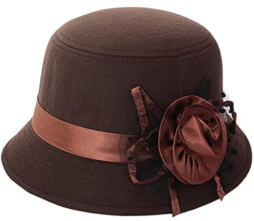 WULIQIUQIU Damen-Glockenhut aus Filz, Vintage-Stil, Blumenmuster, Fedora, Bowler-Hüte, coffee, Einheitsgröße